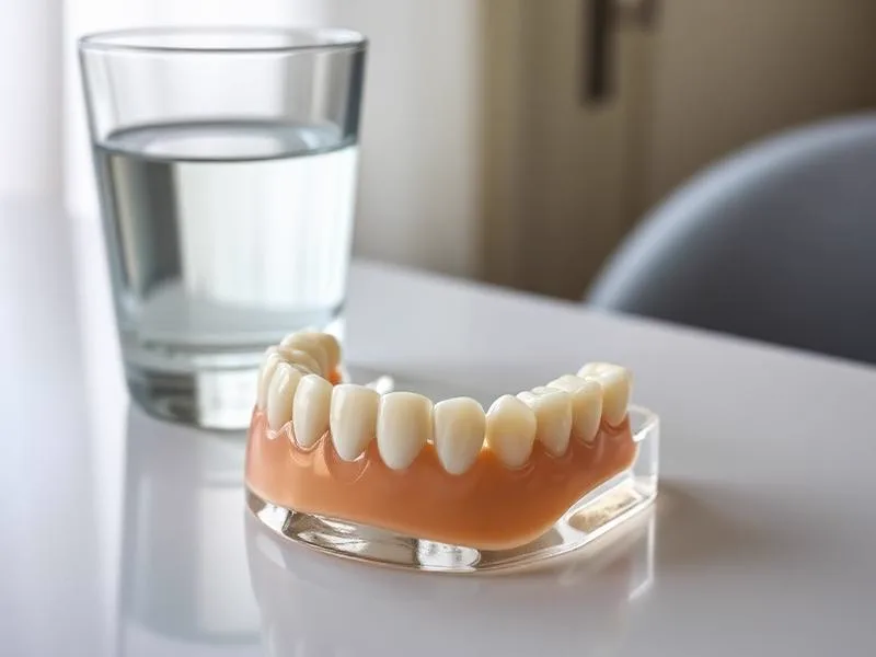 Traditional removable dentures resting on a table